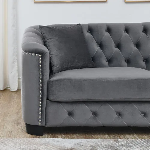 Miniatura 3 de Juego de 2 sofás modernos de terciopelo Chesterfield de 77" para 3 plazas + 59" loveseat, tapizados con respaldos capitoné con brazos de tachuelas