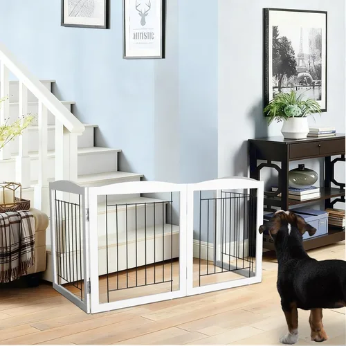 Miniatura 8 de ZJSF Puerta plegable independiente para perros, puerta de madera extra ancha blanca para cachorros, 6 paneles, puertas altas para mascotas