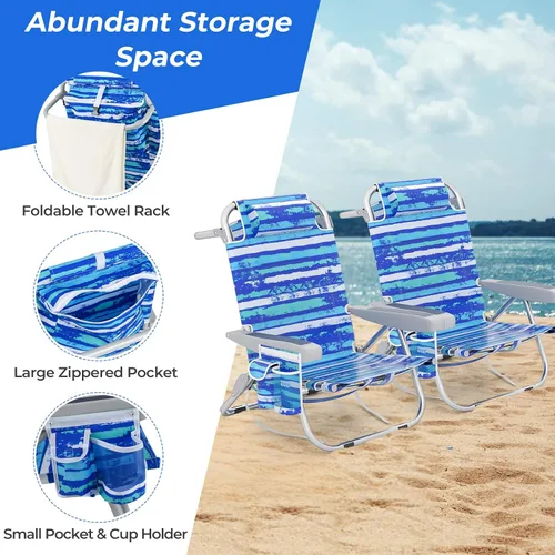 Miniatura 7 de Giantex Silla de playa tipo mochila, silla de camping plegable con 5 posiciones ajustables, soporte para tazas, bolsillos de almacenamiento