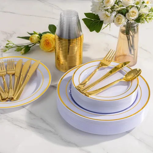 Miniatura 6 de WELLIFE Juego de vajilla desechable de 600 piezas color dorado y blanco para 100 invitados, platos de plástico blanco con borde dorado, platos