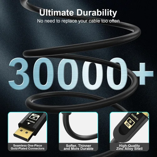 Miniatura 4 de Cable DisplayPort 2.1 certificado FIBBR VESA, cable DP de 40 Gbps (negro, 10 pies) 6K @30Hz 10K@30Hz 8K@60Hz 4K @165Hz, HDR, HDCP2.2, DSC 1.2a