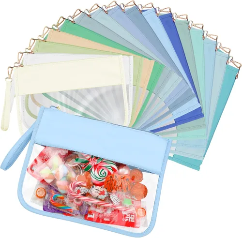 Irenare Bolsa de maquillaje transparente de 16 piezas, bolsa de aseo con cremallera plana, impermeable, bolsa de PVC transparente para cosméticos