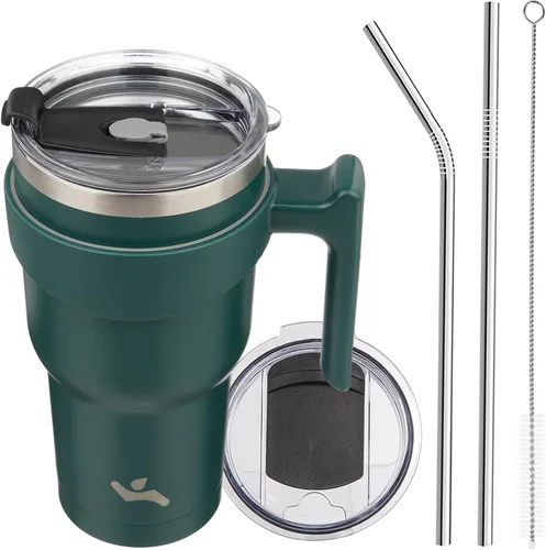 Miniatura 48 de Konokyo - Vaso de 10 onzas con asa y 2 popotes, 2 tapas, botella de agua aislada de acero inoxidable, taza de viaje reutilizable, color verde militar