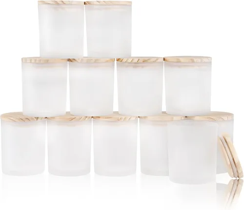 Miniatura 24 de SHOWIN Tarros de vela gruesos de 14 OZ para hacer velas 12 Piezas, tarros vacíos de 3 mechas con tapas de madera para hacer velas, recipiente