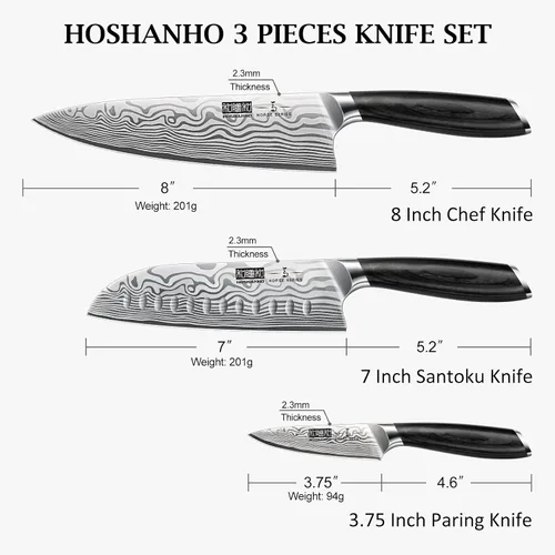 Miniatura 2 de HOSHANHO Juego de cuchillos de 3 piezas, juego profesional de cuchillos de cocina de acero en polvo de alto carbono, juego de cuchillos ultra