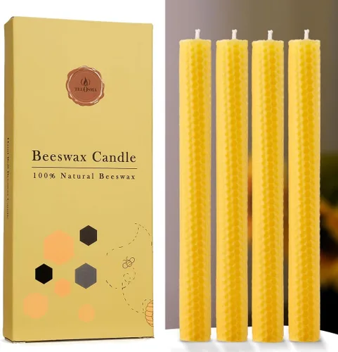 Paquete de 4 velas cónicas de cera de abeja enrolladas a mano, sin humo, sin goteo, orgánicas, sin aroma, 8 pulgadas en amarillo natural