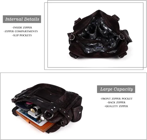 Miniatura 78 de Angel Barcelo - Bolsa de hombro amplia para mujer, diseño Hobo, cuero lavado