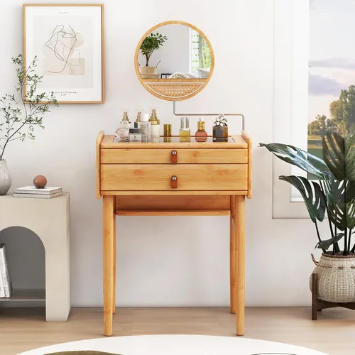 Miniatura 2 de Escritorio de tocador bohemio con espejo, mesa de tocador de maquillaje de bambú con 2 cajones de almacenamiento y mesa de vidrio templado, tocador