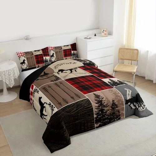 Miniatura 126 de Juego de edredón de oso y ciervo, tamaño individual, ropa de cama de animales salvajes de caza, colcha rústica de cabaña, casa de campo, cuadros