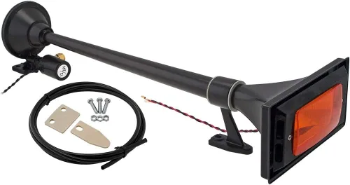Miniatura 3 de Vixen Horns bocina de tren para barco/camión/coche. Bocina de aire impermeable negra de doble trompeta + luz y cubierta. Decibelios súper fuertes.