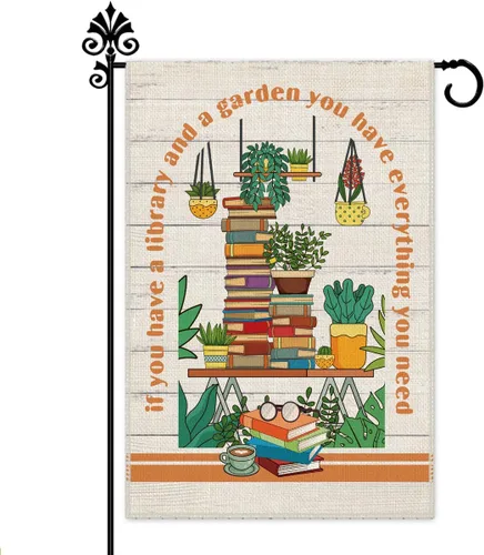 Hafhue Bandera de jardín de bienvenida con texto en inglés "If You Have A Library And A Garden", de doble cara de 12 x 18 pulgadas, para decoración