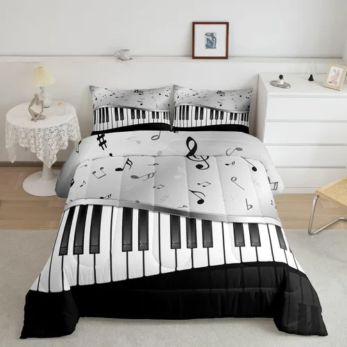 Miniatura 10 de Juego de ropa de cama con música de piano, tamaño matrimonial, juego de edredón de notas musicales en blanco y negro, 3 piezas, silueta de Multi 10