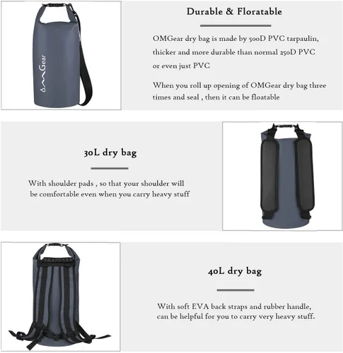 Miniatura 4 de OMGear - Bolsa seca impermeable y bolsa para teléfono, bolsa flotante de 40L/30L/20L/10L/5L para kayak, navegación, actividades al aire libre Gris