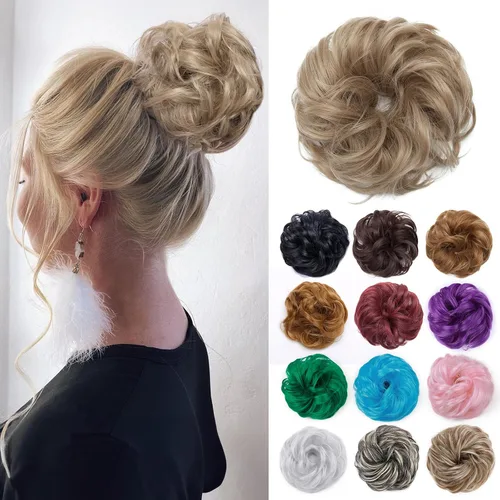 Miniatura 34 de Benehair Moño desordenado, pieza de pelo recogido para mujer, esponjoso, ondulado, moño con dona, moño sintético con banda elástica de goma