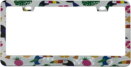 Miniatura 13 de Marco de placa de matrícula con hojas de palma, color rosa y azul, estilo bohemio, con temática hawaiana tropical, de acero inoxidable