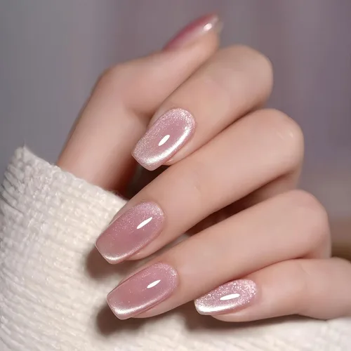 BFY Uñas postizas a presión de ojo de gato, uñas postizas cuadradas medianas, uñas acrílicas de gel rosa claro, kit de uñas postizas holográficas
