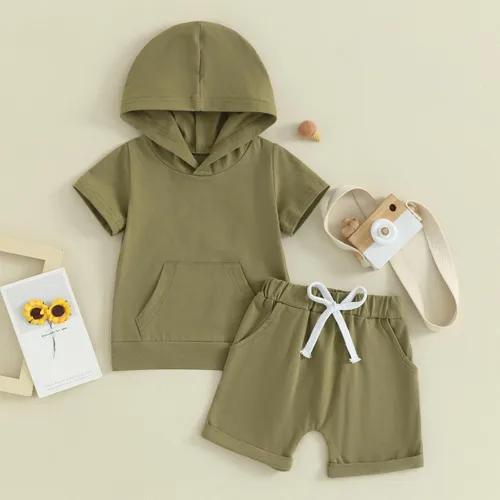 Miniatura 2 de Conjunto de ropa casual de manga corta con capucha y pantalones cortos para bebés y niños pequeños