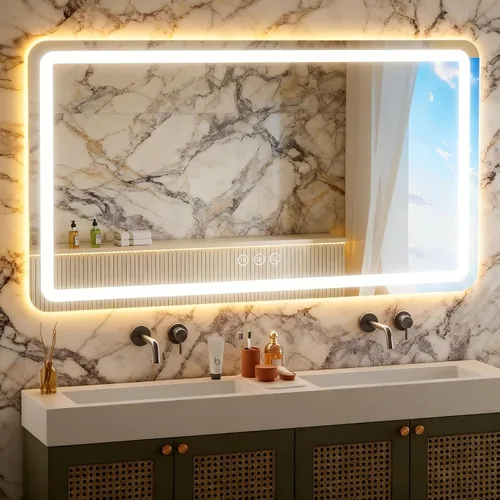 Miniatura 28 de 48x24 Inch LED Bathroom Mirror with Lights, Anti-Fog 3-Color Dimmable Memory Touch Control, Waterproof HD Tempered Glass, Wall Mounted Vanity Mirror