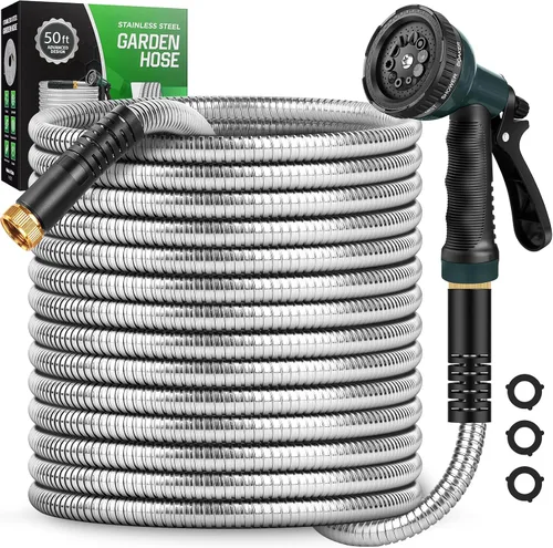 Manguera de jardín con boquilla de 10 funciones, manguera de conector de metal a prueba de fugas, sin nudos, mangueras sin torceduras, más ligera,