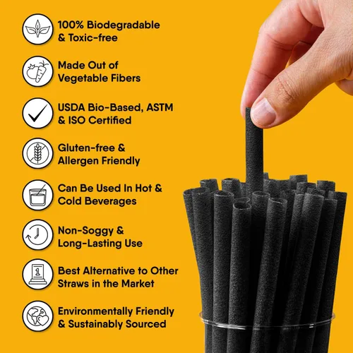 Miniatura 5 de The Veggie Straws 150 unidades de agitadores de bebidas biodegradables negros sin envolver de 4.75 pulgadas - Hecho de fibras vegetales, los mejores