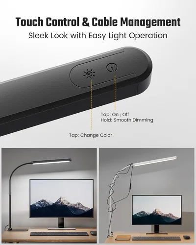Miniatura 3 de SUPERDANNY - Lámpara de escritorio LED para el cuidado de los ojos con base de cuello de cisne flexible de 360°, lámpara de trabajo con control