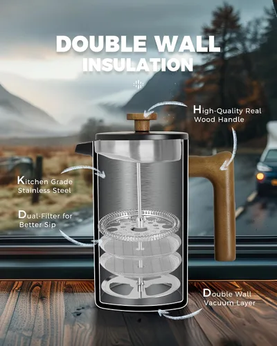 Miniatura 5 de POLIVIAR - Cafetera de prensa francesa, prensa de café de 34 onzas con mango de madera real, aislamiento de doble pared y pantalla de doble filtro