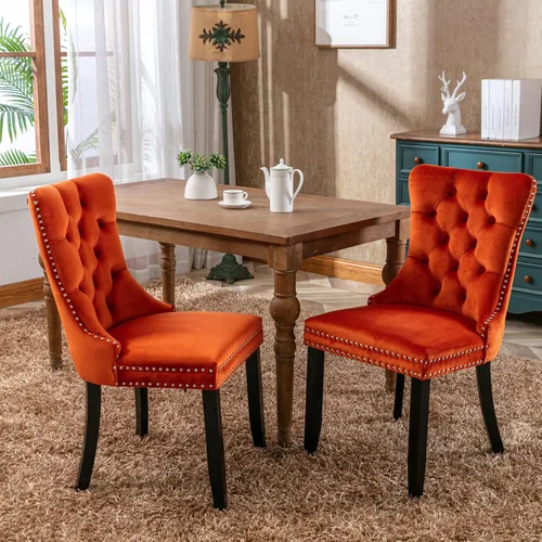 Juego de 2 sillas de comedor de terciopelo, sillas decorativas tapizadas con botón acolchonado, ribete de cabeza de clavo y tirador de anillo Naranja