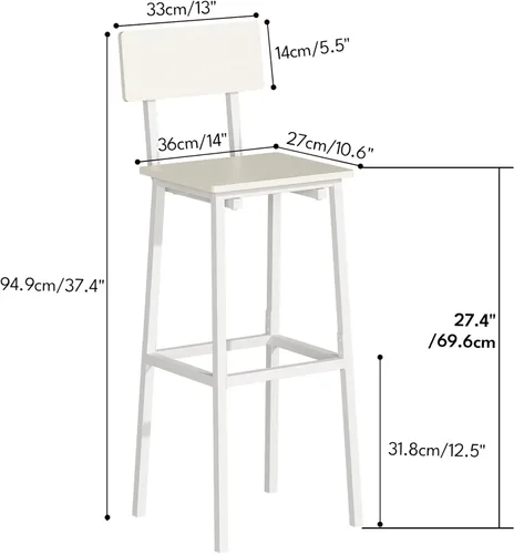Miniatura 2 de GILLAS Juego de 2 taburetes de bar, taburete de bar alto con respaldo y reposapiés, sillas de bar altas, taburete de barra de altura de mostrador