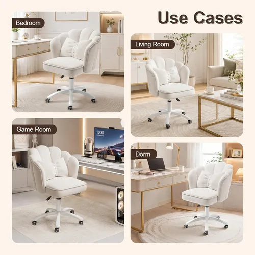 Miniatura 7 de Silla de tocador con ruedas Silla de escritorio de pétalos de terciopelo Silla de oficina en casa copetada tapizada para mujeres y niñas, Silla