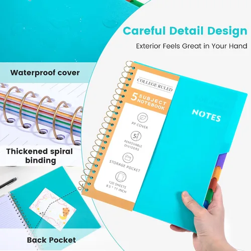 Miniatura 9 de CAGIE Cuadernos de espiral para trabajo escolar con pestañas divisorias extraíbles, cuaderno de 5 materias de 8.5 x 11 pulgadas, a rayas