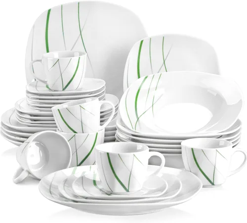 Miniatura 20 de VEWEET, Serie Fiona - Juego de vajilla de 30 piezas para 6 personas, blancos con rayas negras y grises, vajilla de porcelana de platos de postre