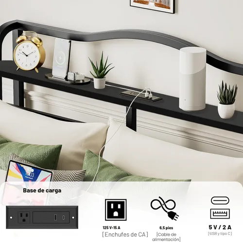 Miniatura 4 de Base de cama Queen con cabecera y estación de carga, base de cama de metal de 18 pulgadas de alto, base de colchón resistente con gran espacio de 46