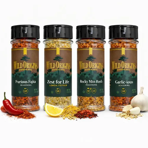 Wild Origins Caja de regalo de condimentos multiusos premium, paquete de 4, sin OMG, mezclas de especias, ingredientes auténticos, esenciales de