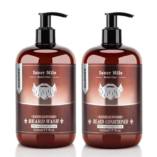 ISNER MILE Set de lavado y acondicionador para barba para hombres, champú de 17 onzas con aceites de biotina, argán y jojoba para una barba suave,