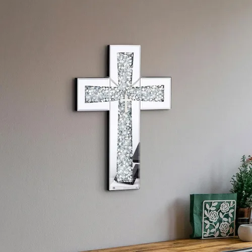 Miniatura 6 de Aeveco Cruz de Pared para Decoración, Cruz Espejo Plateada para Sala de Estar, Cruces de Espejo con Diamantes de Cristal Triturados, Arte Religioso
