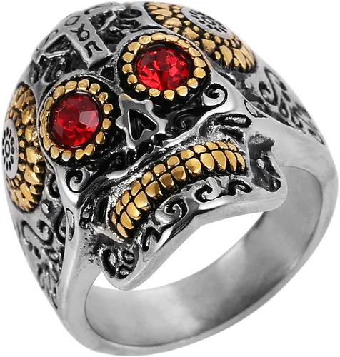 Miniatura 5 de HZMAN Anillos de calavera de azúcar geniales para hombres y mujeres, con ojos de circonia cúbica, acero inoxidable, Día de los Muertos, joyería