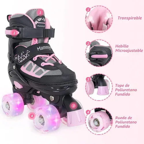Miniatura 3 de MammyGol Roller Skates for Kids Boys Girls, Adjustable Quad Skates with Light Up Wheels for Toddler Little Kids Ages 6-12, Beginners Outdoor Sports