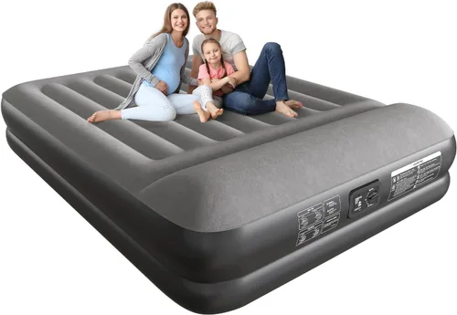 Ezyrest Colchón de aire Queen impermeable y fácil de limpiar, colchón inflable con bomba integrada, colchón inflable duradero con diseño de almohada