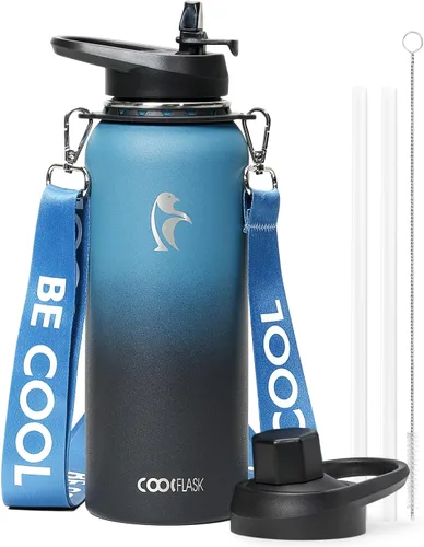 Miniatura 12 de Botella de agua Coolflask de 40 onzas con correa, botella de agua metálica aislada con popote y tapas con pico, acero inoxidable de doble pared al