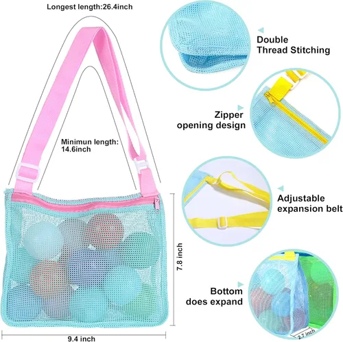 Miniatura 6 de UTTPLL Bolsa de playa de malla colorida ajustable para niños, bolsa de red de secado rápido para conchas marinas que recolecta arena juguete Rosa