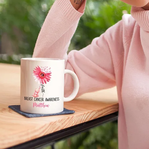 Miniatura 5 de Taza de café de concientización sobre el cáncer de mama con nombre personalizado, taza de café de 11 onzas, taza de té de cerámica blanca