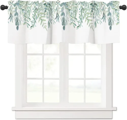 Miniatura 12 de Cortinas Cenefa Verde Salvia Floral Cocina con Bolsillo para Barra Paneles Cortos Acuarela Hojas de Eucalipto Retro Tratamiento de Ventana Cortinas