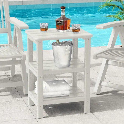 Mesa auxiliar Adirondack de 3 niveles para exteriores, mesa auxiliar de polietileno de alta densidad para patio, mesas rectangulares para patio