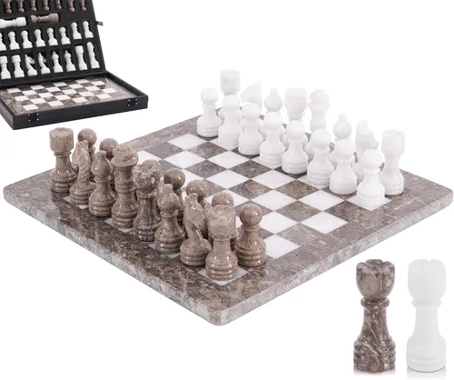 Miniatura 11 de Juego de ajedrez de mármol para adultos de 12 pulgadas, tablero hecho a mano negro y coral con 32 piezas de ajedrez, 2 reinas adicionales y caja
