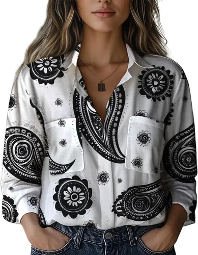 Miniatura 20 de Summer Tops for Women Lightweight Button Flowy Shirts Boho Long Sleeve Blouses Casual Clothes with Pockets