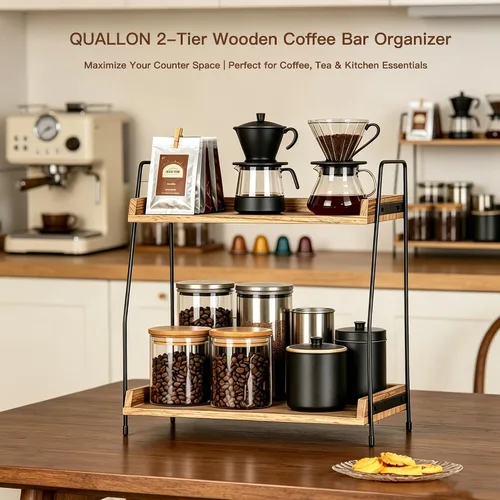 Miniatura 4 de QUALLON Accesorios y organizador de barra de café, organizador de estación de café, organizador de mostrador de baño de 2 niveles, bandeja de café