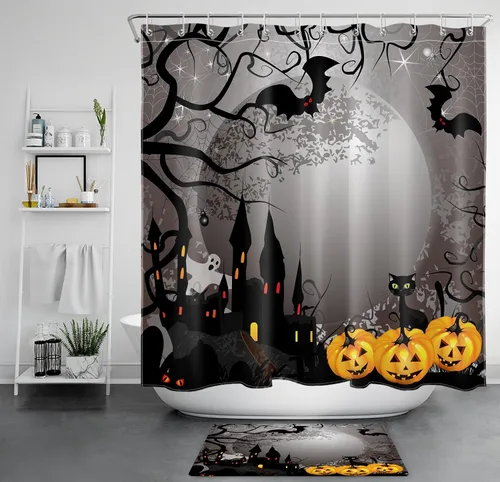 Miniatura 7 de EOBTAIN Cortina de ducha de calabaza espeluznante de Halloween, fantasma y gato murciélago con casa embrujada en noche oscura aterradora, cortina