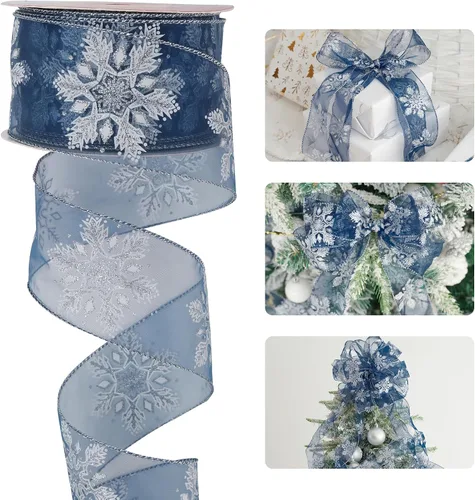 Miniatura 17 de HUIHUANG - Cinta de copo de nieve con alambre, cinta de arpillera con purpurina azul, borde de alambre, 2.5 pulgadas x 10 yardas, para decoración
