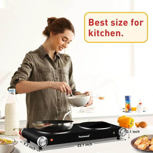 Miniatura 6 de Placa caliente, Techwood 1800W de doble quemador eléctrico, estufa de encimera de doble quemador para cocinar, placas calientes de cerámica Negro