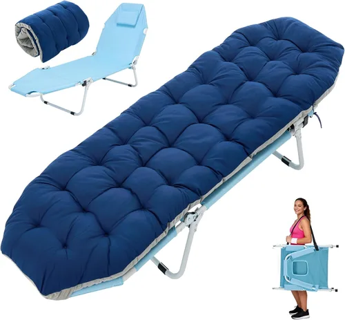 Miniatura 21 de ABORON Catres de campamento de 5 posiciones para adultos, catre de dormir plegable al aire libre, tumbona plegable con almohada, silla reclinable
